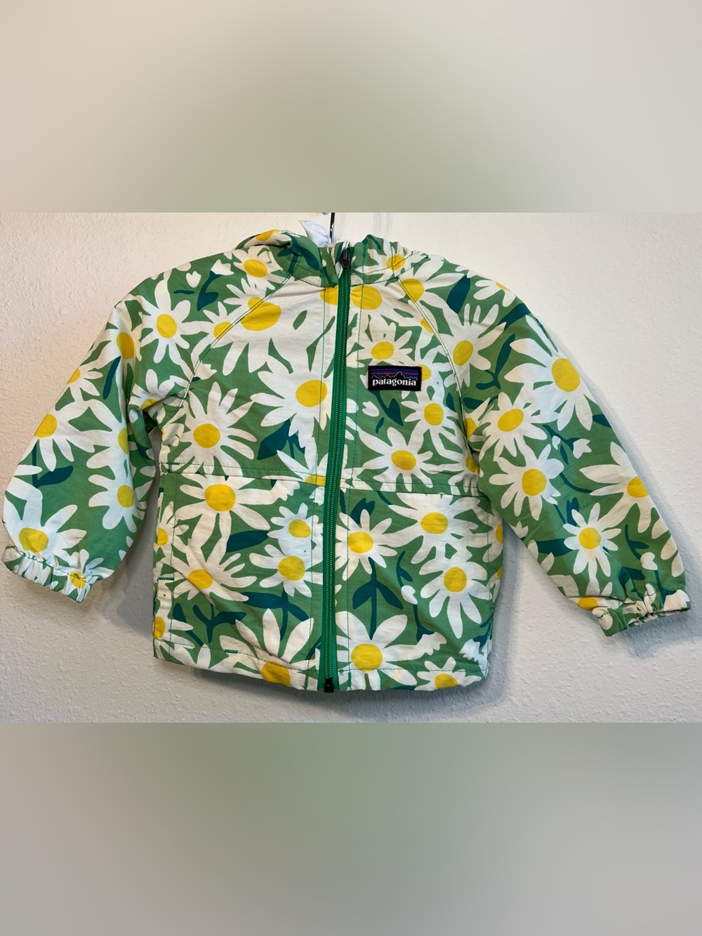 Patagonia White & Green Daisy Print Hooded Jacket with Yellow Accents